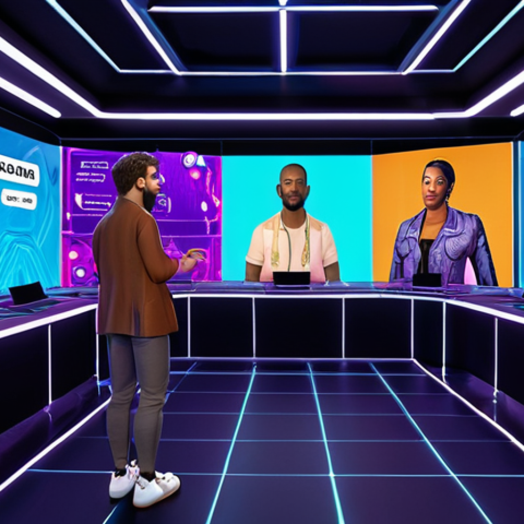 **Prompt:** A vibrant, interactive virtual event in a futuristic Virbela setting. Show diverse avatars engaging in a live Q&A session about blockchain technology. Include elements like polls, virtual breakout rooms, and digital merchandise stalls showcasing NFT artwork and personalized avatars. The overall scene should feel engaging and profitable.