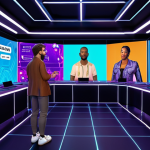 **Prompt:** A vibrant, interactive virtual event in a futuristic Virbela setting. Show diverse avatars engaging in a live Q&A session about blockchain technology. Include elements like polls, virtual breakout rooms, and digital merchandise stalls showcasing NFT artwork and personalized avatars. The overall scene should feel engaging and profitable.