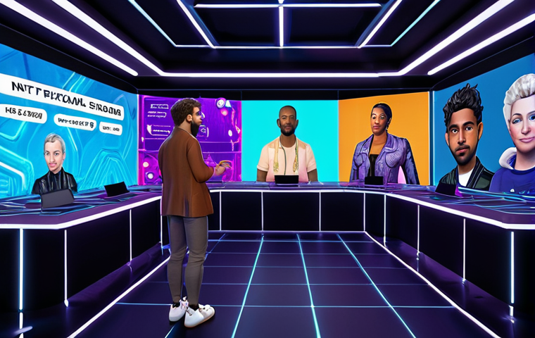 **Prompt:** A vibrant, interactive virtual event in a futuristic Virbela setting. Show diverse avatars engaging in a live Q&A session about blockchain technology. Include elements like polls, virtual breakout rooms, and digital merchandise stalls showcasing NFT artwork and personalized avatars. The overall scene should feel engaging and profitable.
